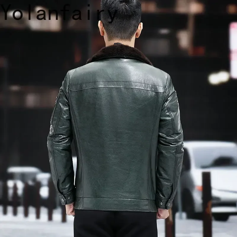 YOLANFAIRY Genuine Leather Jacket Men Short Mink Fur Collar Natural Cowhide Jackets for Men Detachable Down Jacket Winter Coat