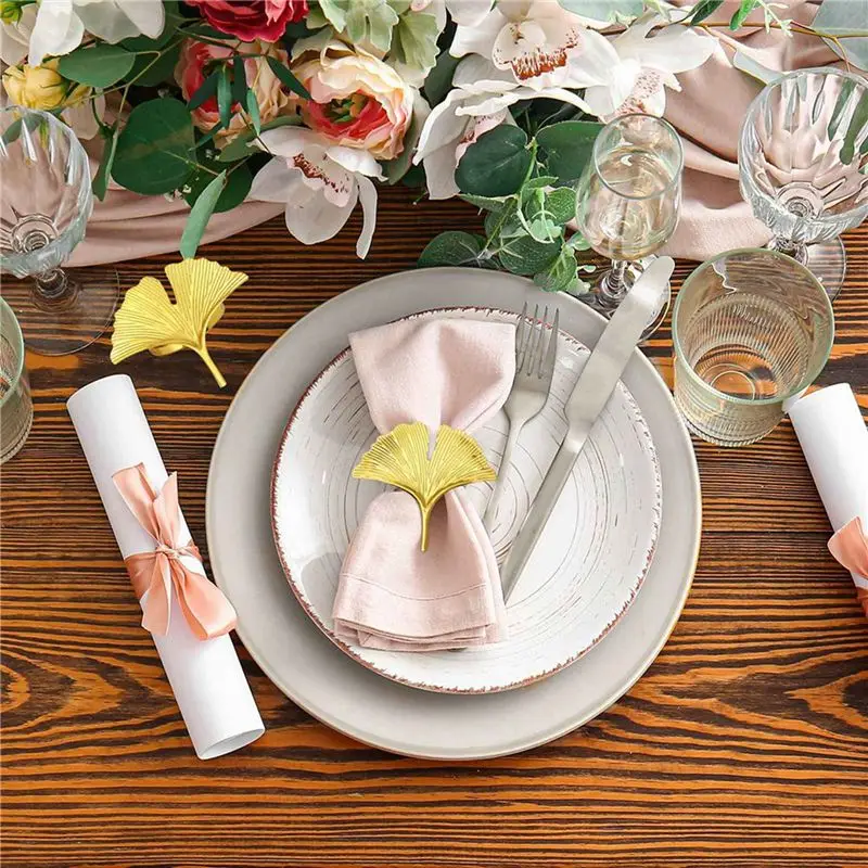 AS94-Napkin Rings Set Of 18,Ginkgo Leaf Napkin Rings Wedding Gold Napkin Buckle For Thanksgiving Table Decoration