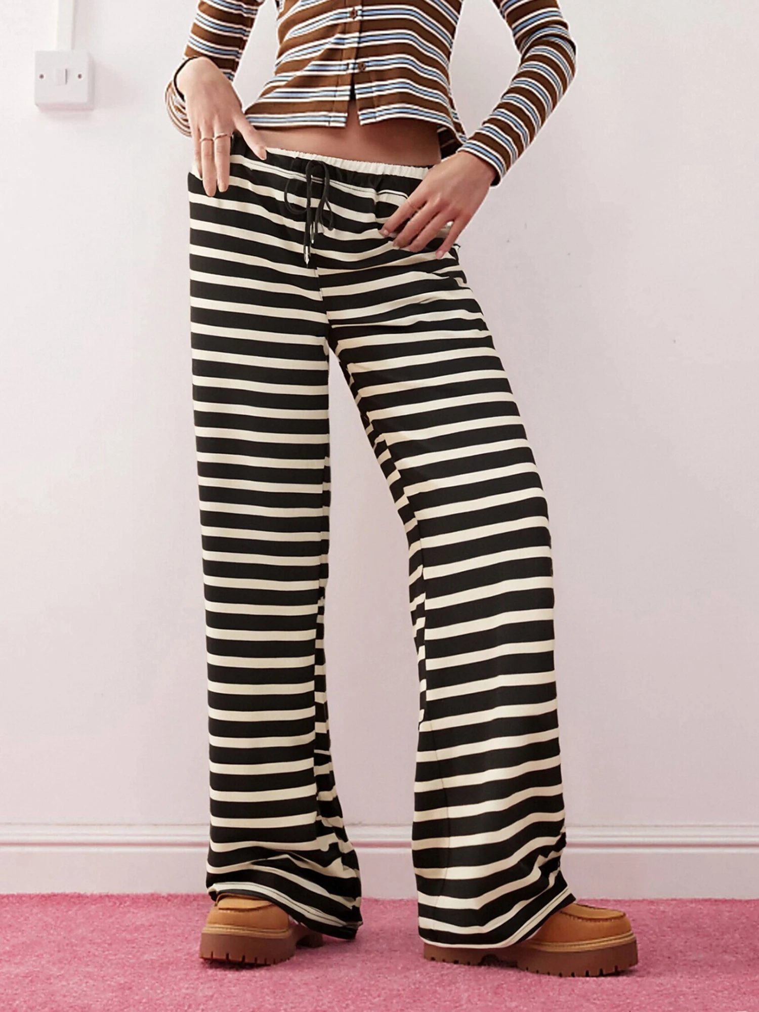 Gestreepte palazzo-broek voor dames met hoge taille, stijlvolle broek met wijde pijpen, tailleband en zijzakken