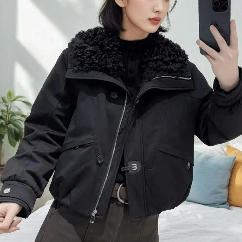Coat Lamb Wool Large Lapel Collar Short Coat Women's Winter Fashion Loose Casual Small Thickened Tooling Exquisite and Simple