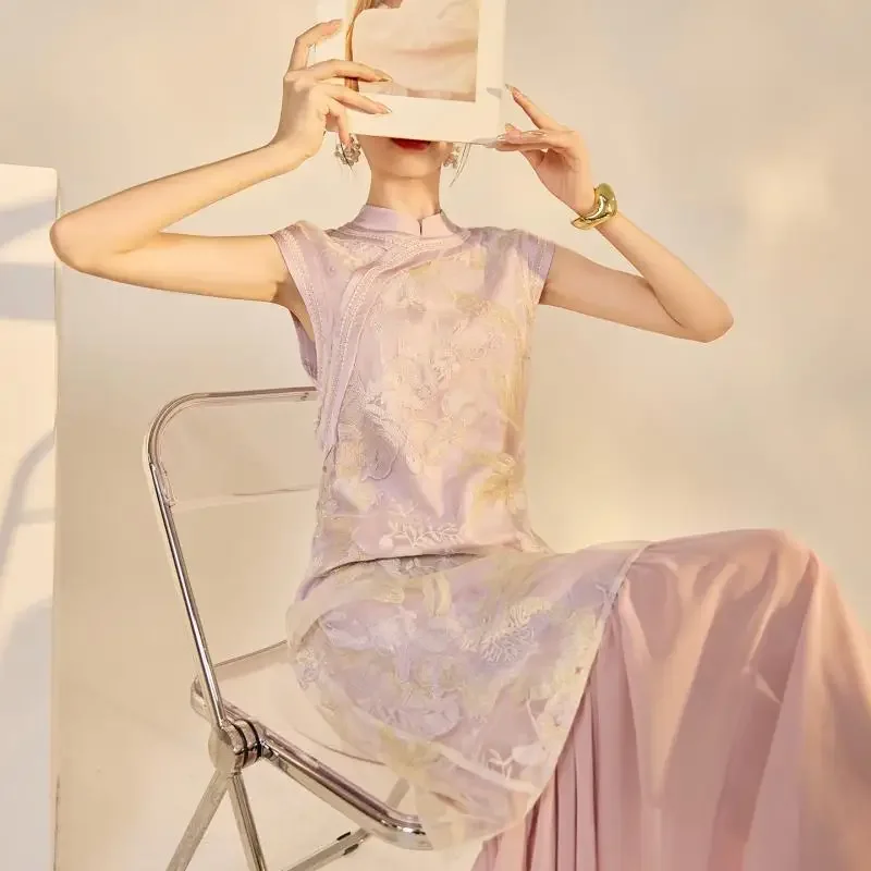 

Chinese Princess Dress Embroider Patchwork Qipao New Chinese Style Sleeveless Chesongam Vestidos Women Elegant Banquet Gown