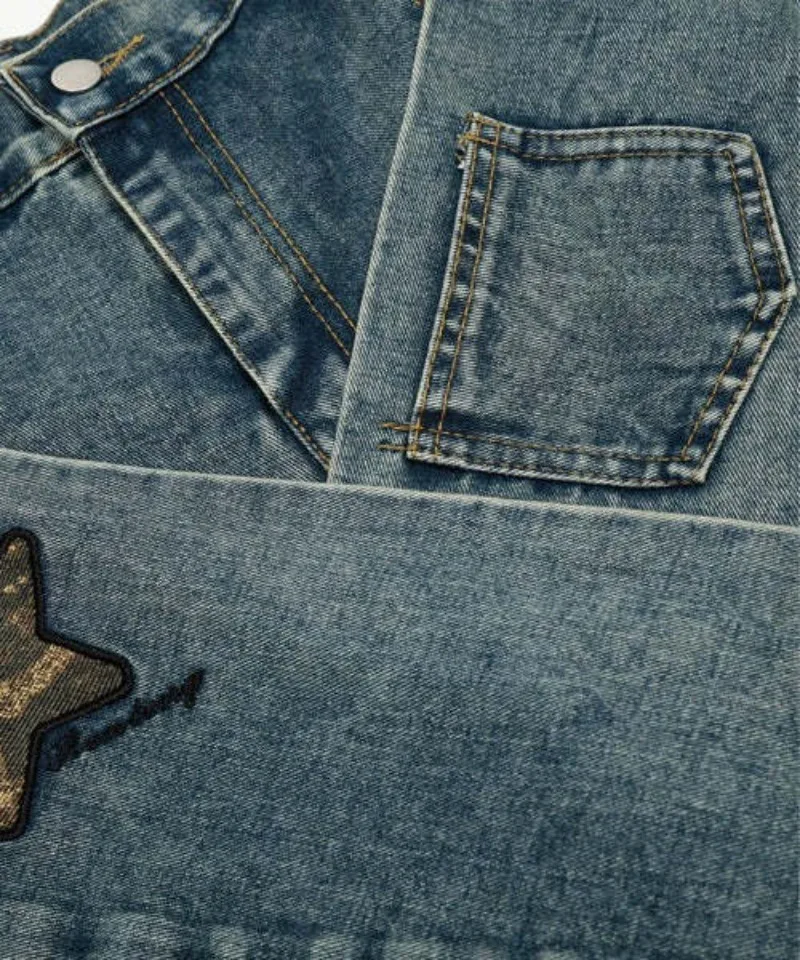 Damen Vintage Washed Baggy Jeans mit abnehmbarem Denim-Wickelgürtel, Leoparden- und Sternmuster, weitem Bein, lockerer Y2K Streetwear, Oversized Denim-Hose – Detail 12