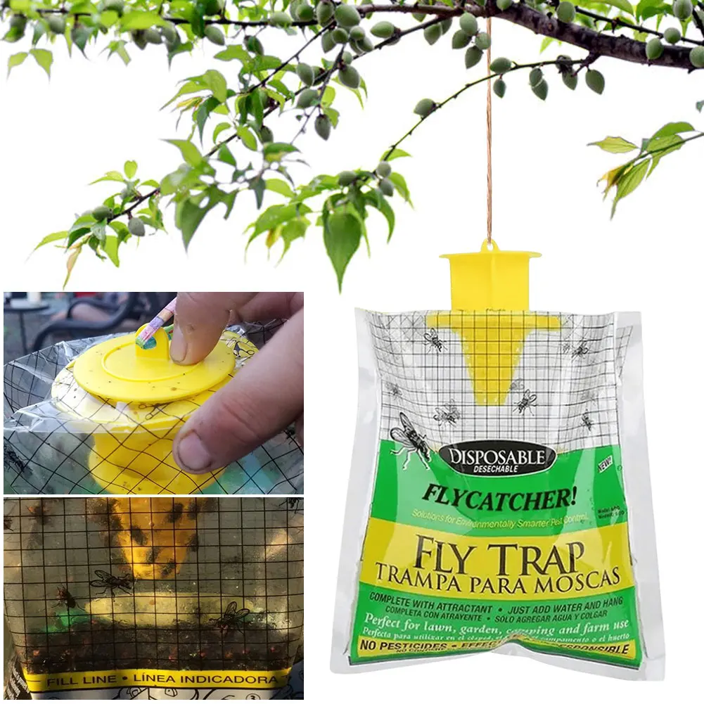 Hanging Fly Trap Bag with Fly Bait Disposable Flies Trap Non-Toxic Mosquito Trap Catcher Fly Wasp Insect Bug Killer for Outdoor