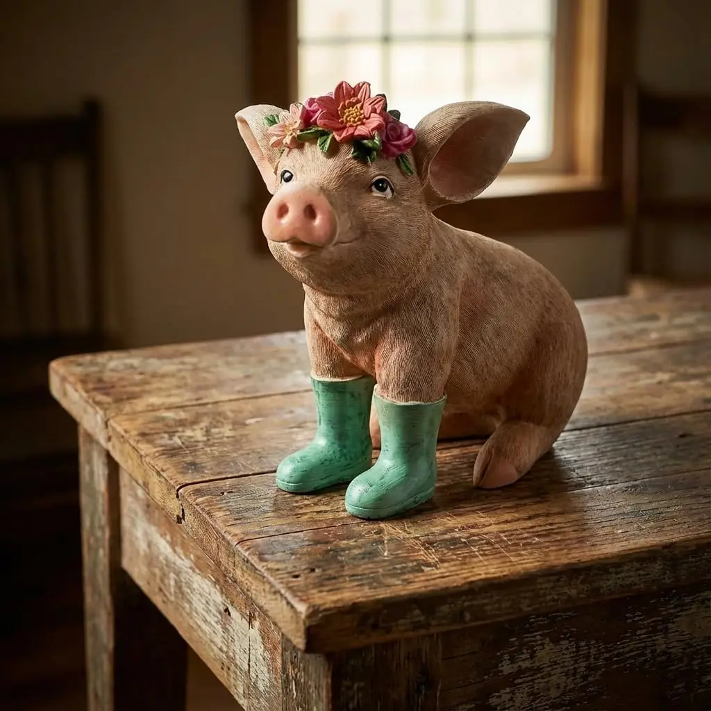 Urbalabs Western Piggy in Green Rain Boots Sitting Pig Statue with Rose Halo Garden Lawn Pigs Desk Office Ornament, Customized