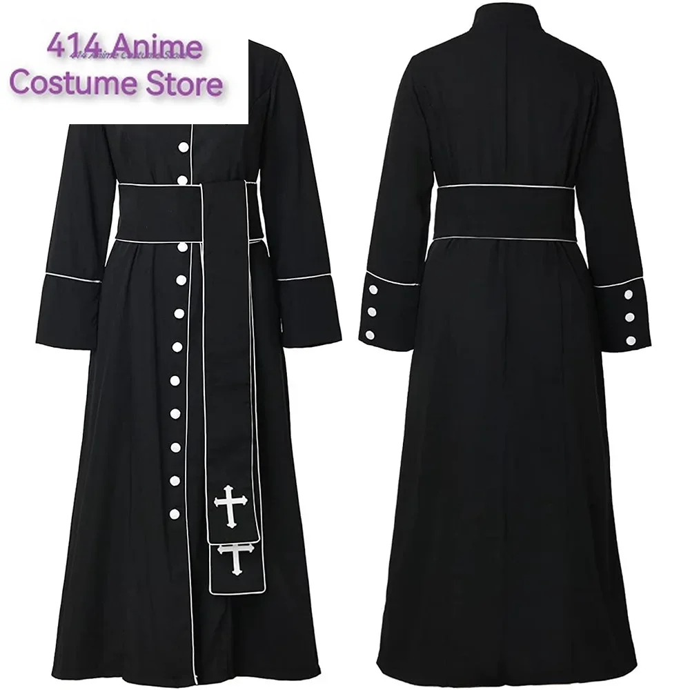 Priest Cosplay Cpstume Woman Cassock Pastor Robe Church Black Robe Clergy Ladies Roman Cassock Belt Halloween Suit