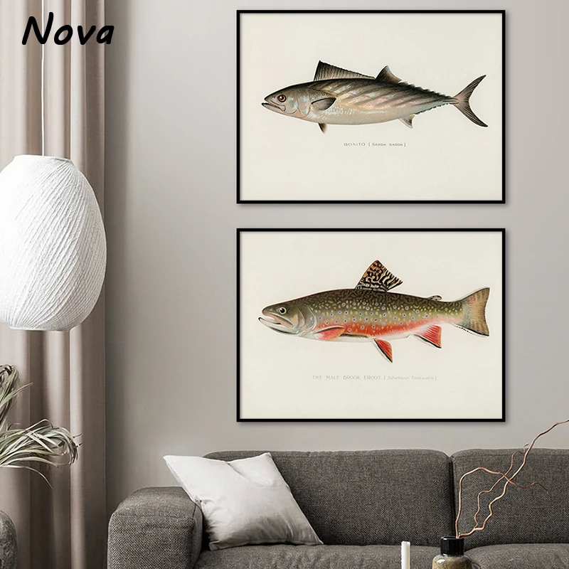 Vintage Poster and Print Fishing Wall Painting Breed of Fish Picture Freshwater Fish Mural Canvas Art Home Decor for Living Room