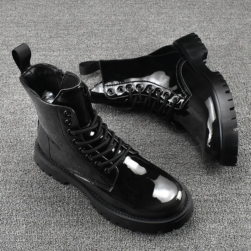 mens fashion patent leather boots black trend platform shoes stage nightclub dress motorcycle boot high top cowboy botas zapatos