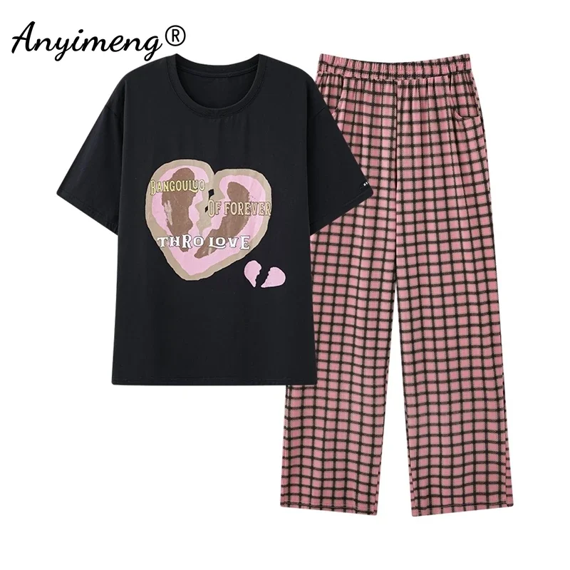 New Summer Cotton Pajamas for Women Short Sleeved Long Pants Pijamas Korean Soft Pijamas Letter Print Woman Sleepwear