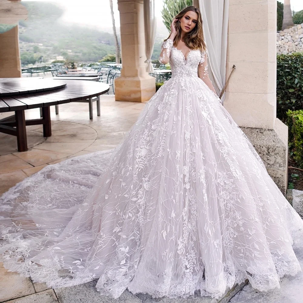 Wedding Dress 2024 Sweethear Long Sleeve Princess Robe Beaded Lace Appliques Romantic Cathedral Vestidos De Novia Customized