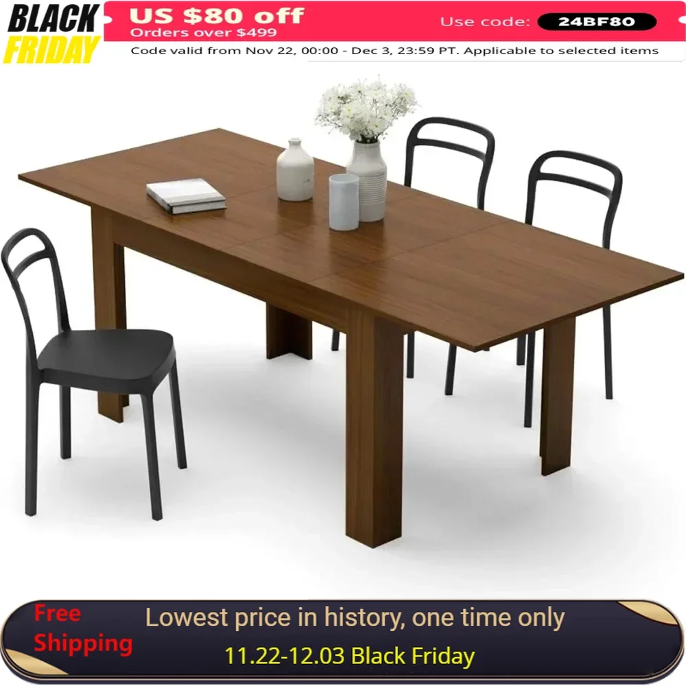 Easy, Extendable Dining Table, 55,1 x35,4 in, Walnut, for 6-10 People, Expandable Dining Table for Kitchen, Italian Furniture