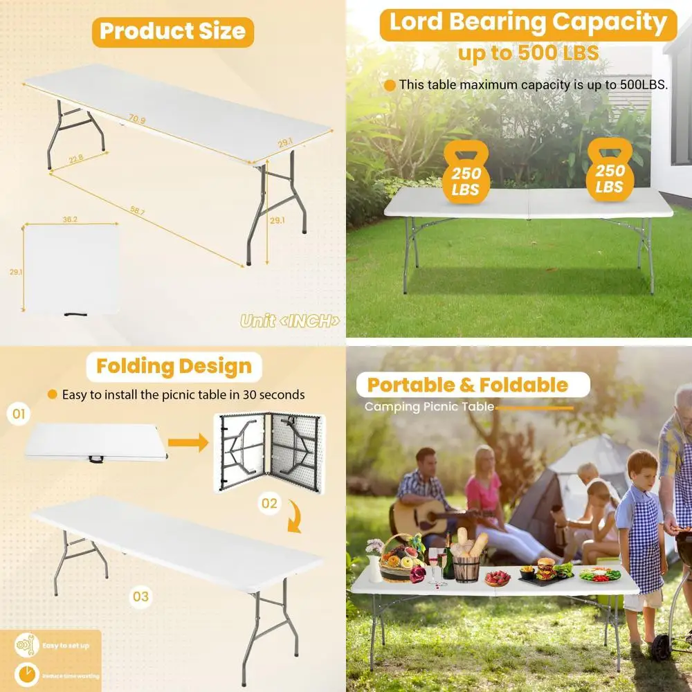 

Portable Folding Plastic Picnic Table with Carry Handle, White, 6-Feet Length