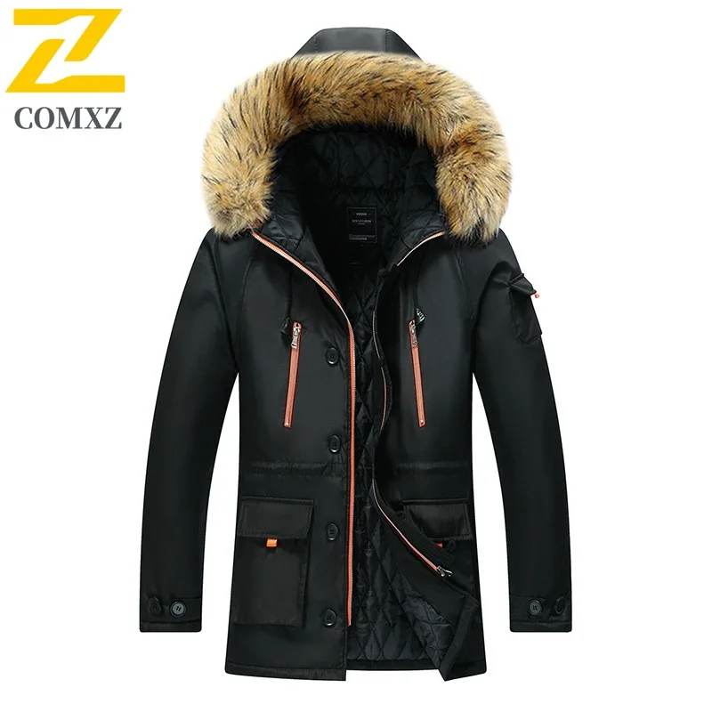 COMXZ 2025 New Men's Winter Mid-Long Cotton Jacket Korean Style Hooded Slim-Fit Thickened Warm Outerwear outdoor Street Dates​
