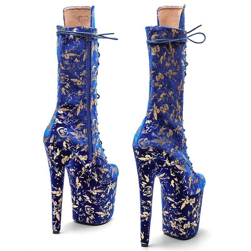 Leecabe  20CM/8inches Blue color Gold leaf pattern Pole dancing shoes High Heel platform Pole Dance boot