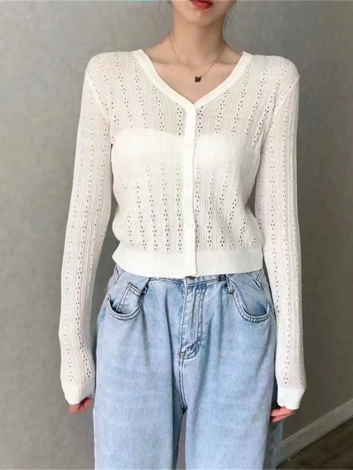 Elegant Women V Neck Knitted Hollowed Shirt 2022 Spring-autumn Fashion Ladies College Style Single Breasted Set Female Solid Top