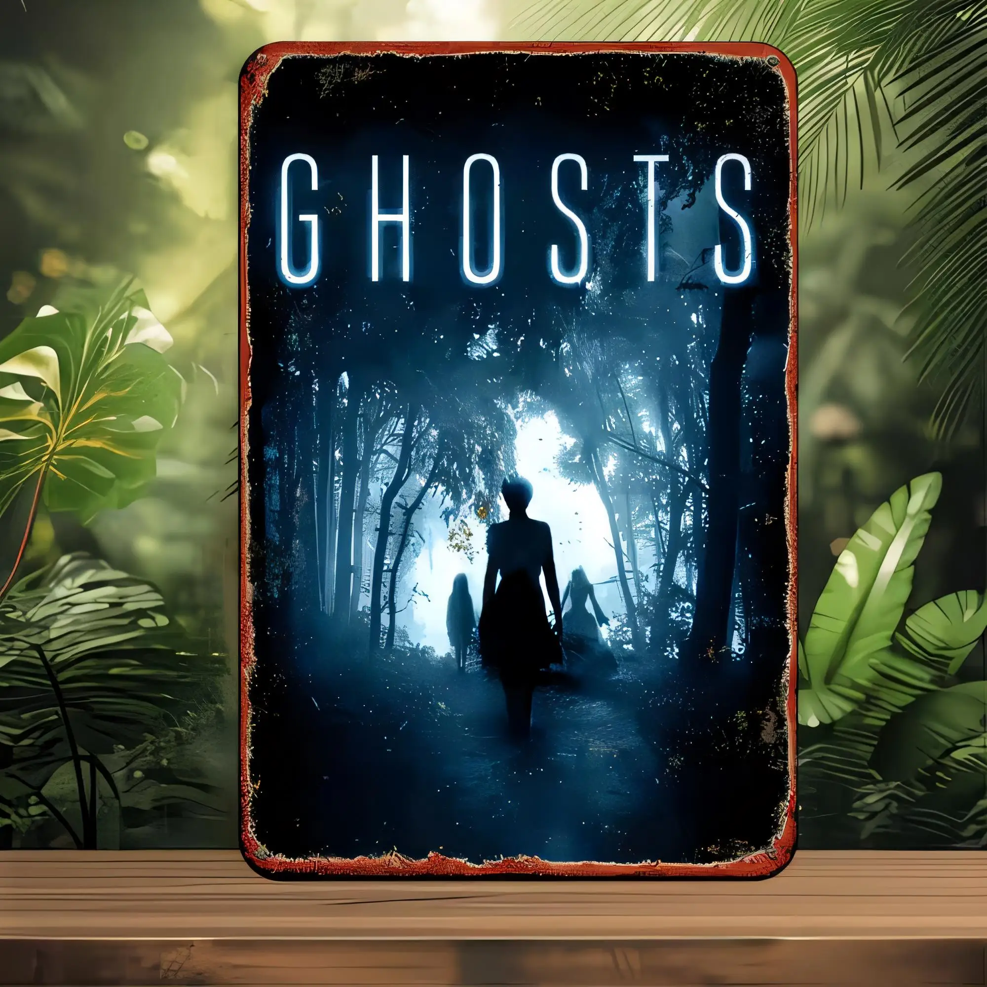 Tin Sign Ghosts Neon Style Vintage Metal Sign, Glow Night Forest Horror Silhouette Wall Art Plaque for Halloween Party Decor, Re