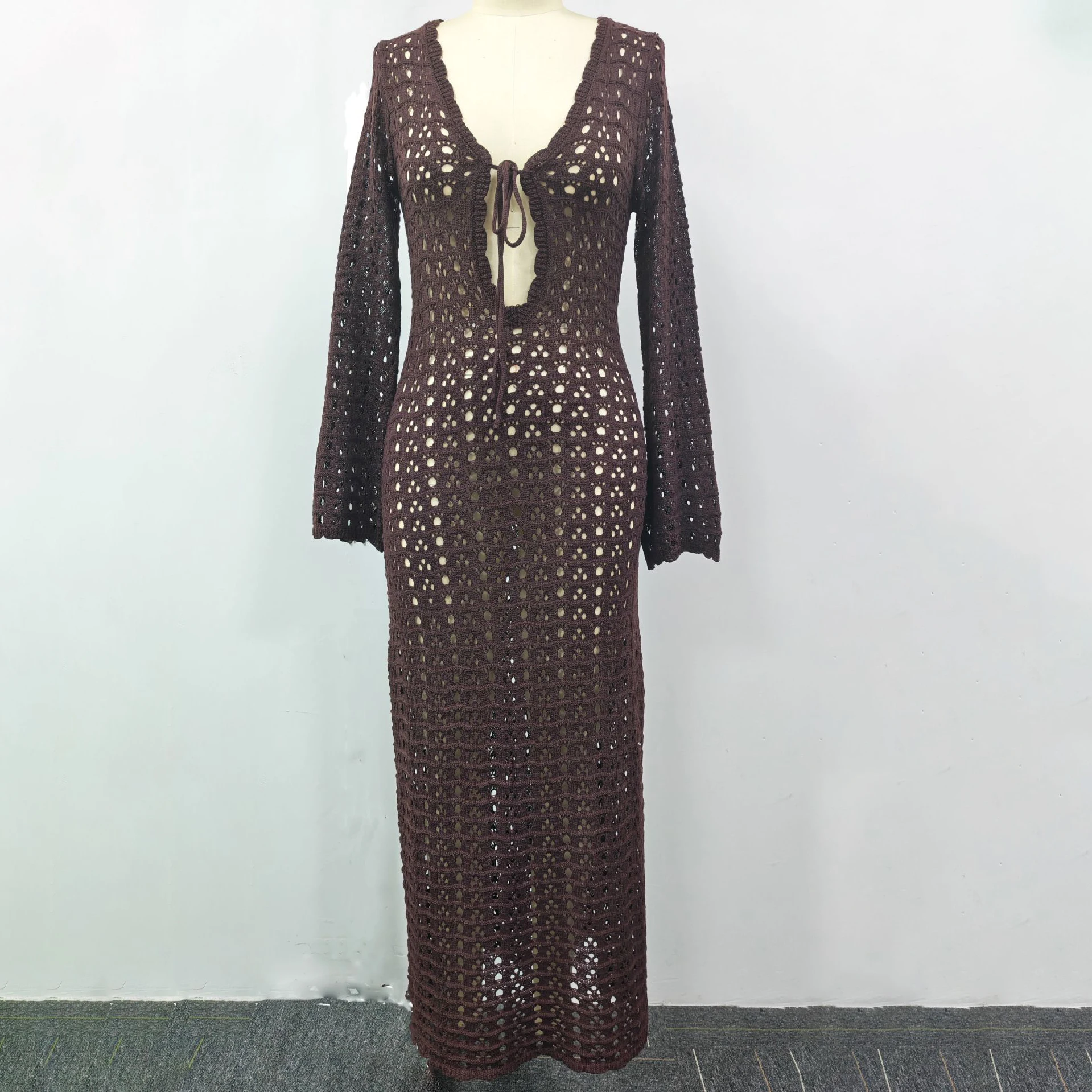 مثير بيكيني التستر الدانتيل جوفاء الكروشيه ملابس السباحة فستان الشاطئ النساء 2025 الصيف الاخفاء القهوة ثوب السباحة ملابس الشاطئ تونك