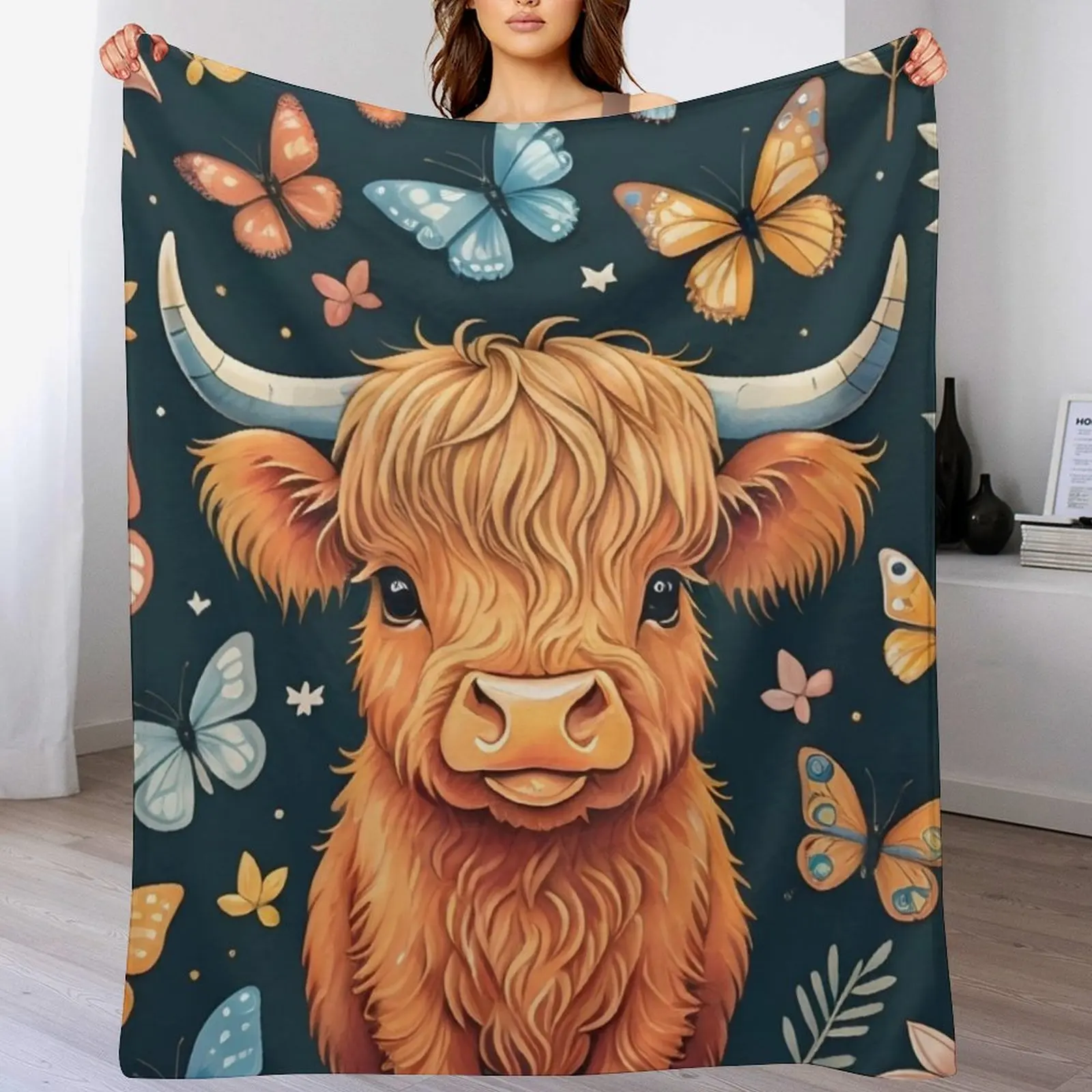

Highland cow and butterflies Throw Blanket Luxury Throw Hairys Bed covers Flannel Fabric Blankets