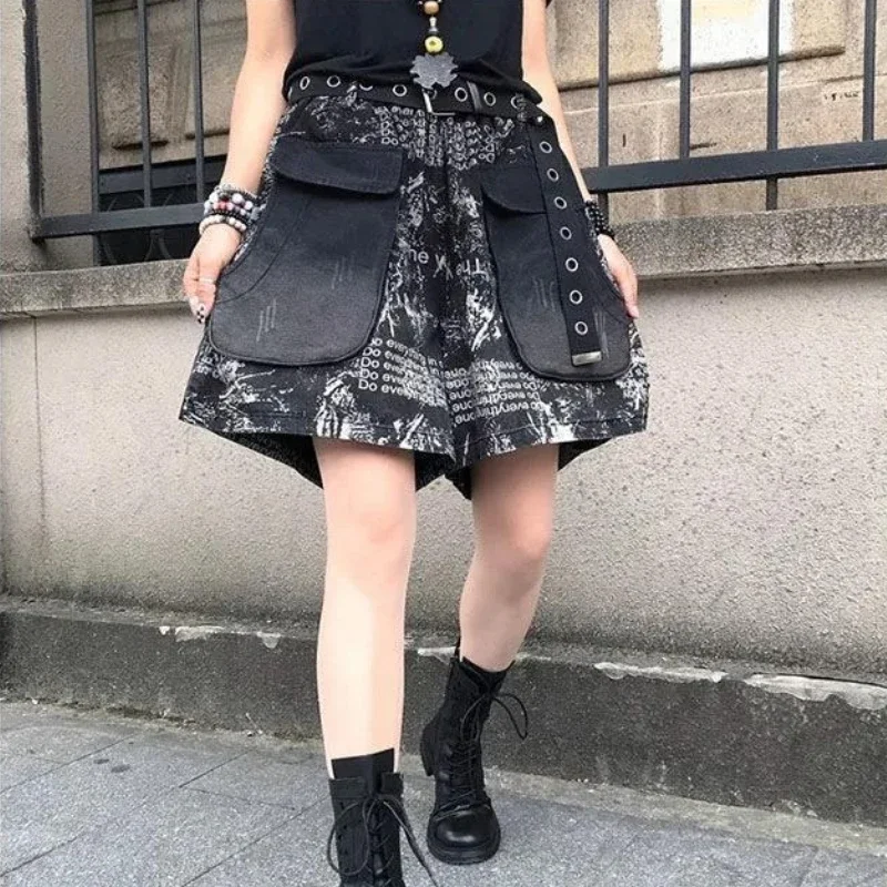 Denim Shorts For Women Streetwear Fashion Y2k Wide Leg Pants Print Elastic Waist Pants Casual Summer Pantalones Cortos De Mujer