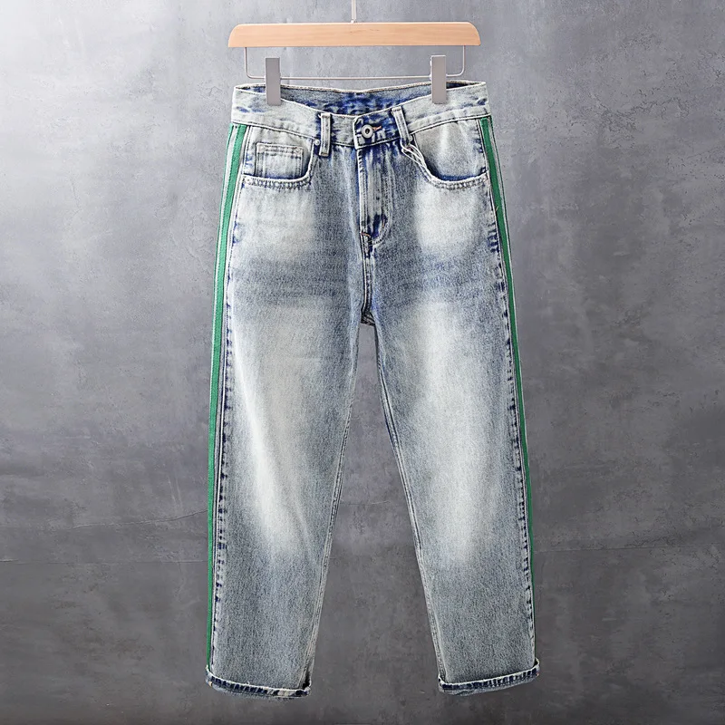 

Spring and summer American retro side striped jeans for men, rugged and handsome, loose straight leg wide leg pants, long pants