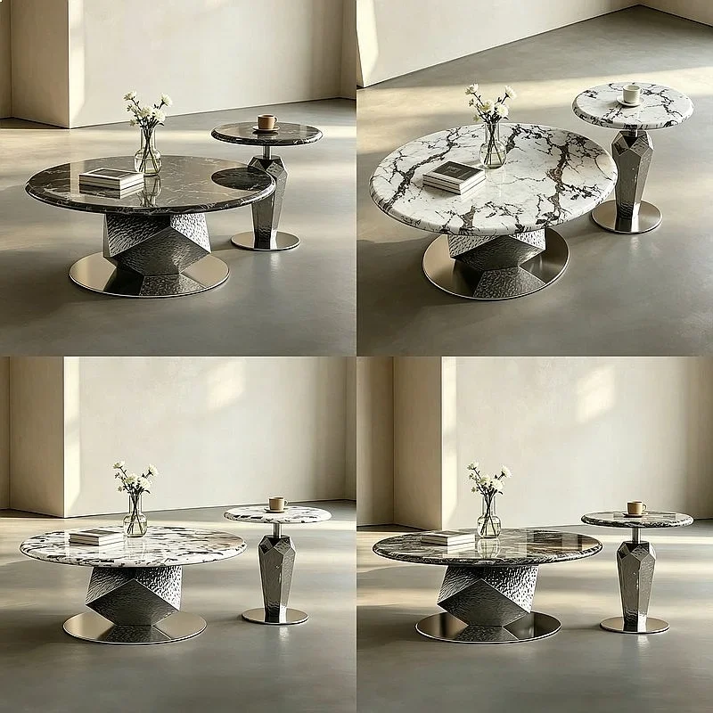 N80 Italian Minimalist Marble Coffee Table Set for Living Room, Small Space Designer Stainless Steel Diamond Shape