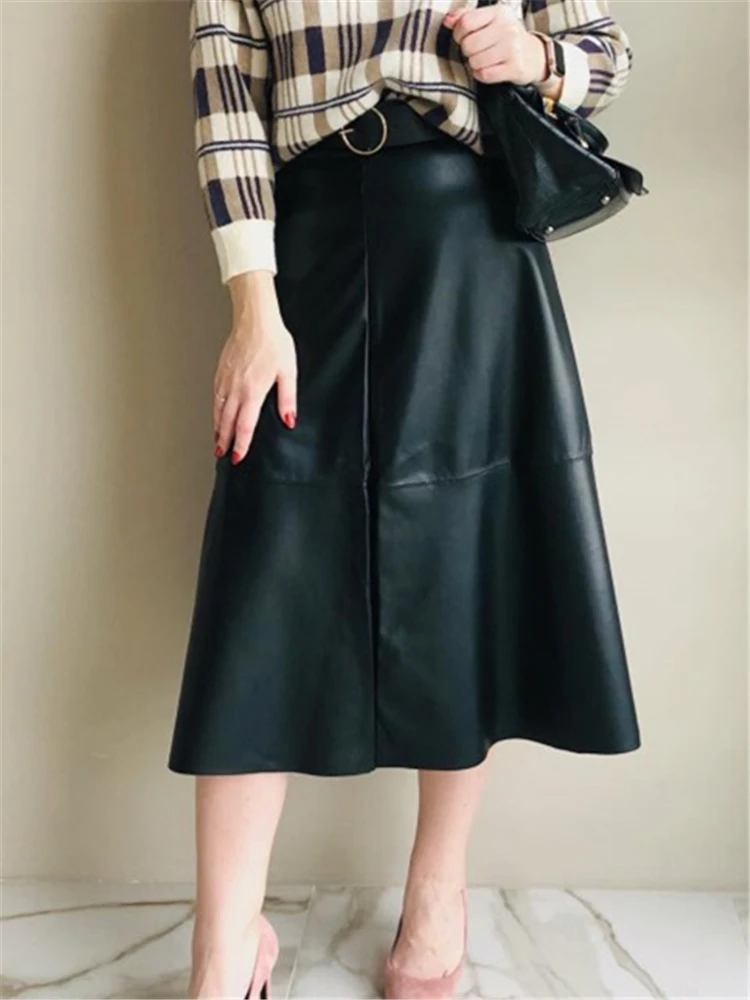 Seoulish 2023 New PU-leather Mi-long Skirt with Belted Autumn Winter High Waist Vintage A-line Skirt Mid-calf Umbrella Skirts