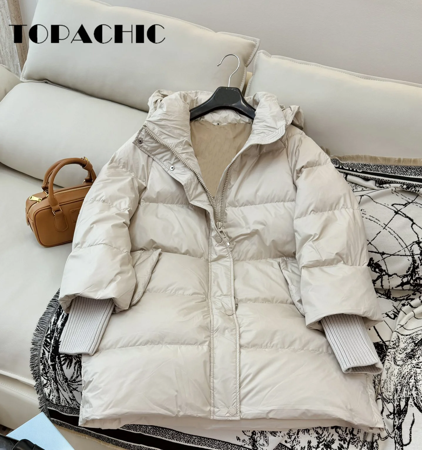 9.5 TOPACHIC-Women Winter New Hooded Zipper Mid-Length Down Jacket Ribbed Knit Cuff Spliced Long Sleeve Loose Down Outerwear