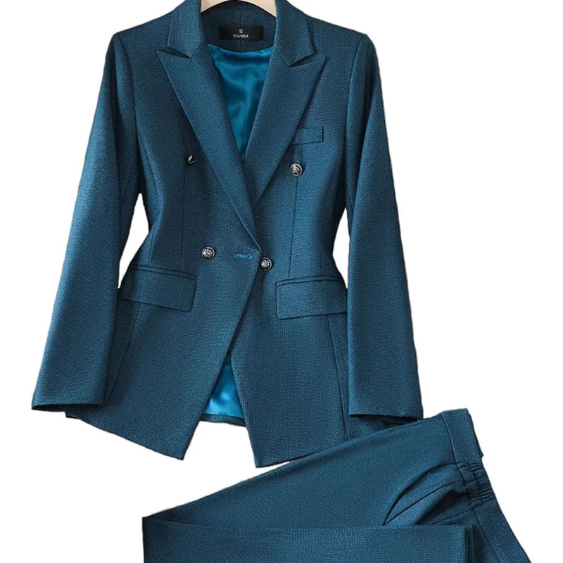 Fashion Ladies Pant Suit Formal Women Office Business Work Wear Blazer And Trouser Blue Black Green 2 Piece Set With Pocket