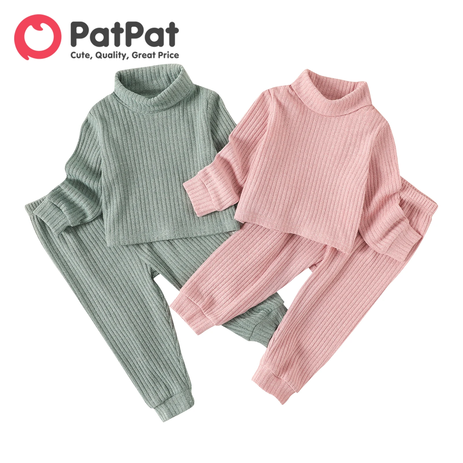 

PatPat 2pcs Baby Girl Solid Rib Knit Turtleneck Long-sleeve Set