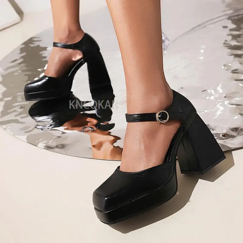 Baotou women\'s sandals shoes Spring and Autumn square toe small leather shoes Women\'s thick sole single shoes High heels Shallow
