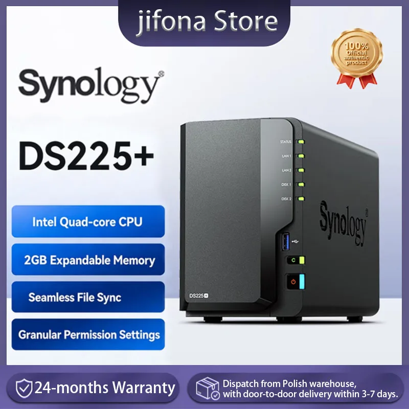 Synology DS225+ S�rie DiskStation Plus � 2 baies, Intel Celeron J4125 Quad-core, 2 Go de m�moire DDR4 SODIMM non ECC, extensible jusqu'� 6 Go (sans disques)