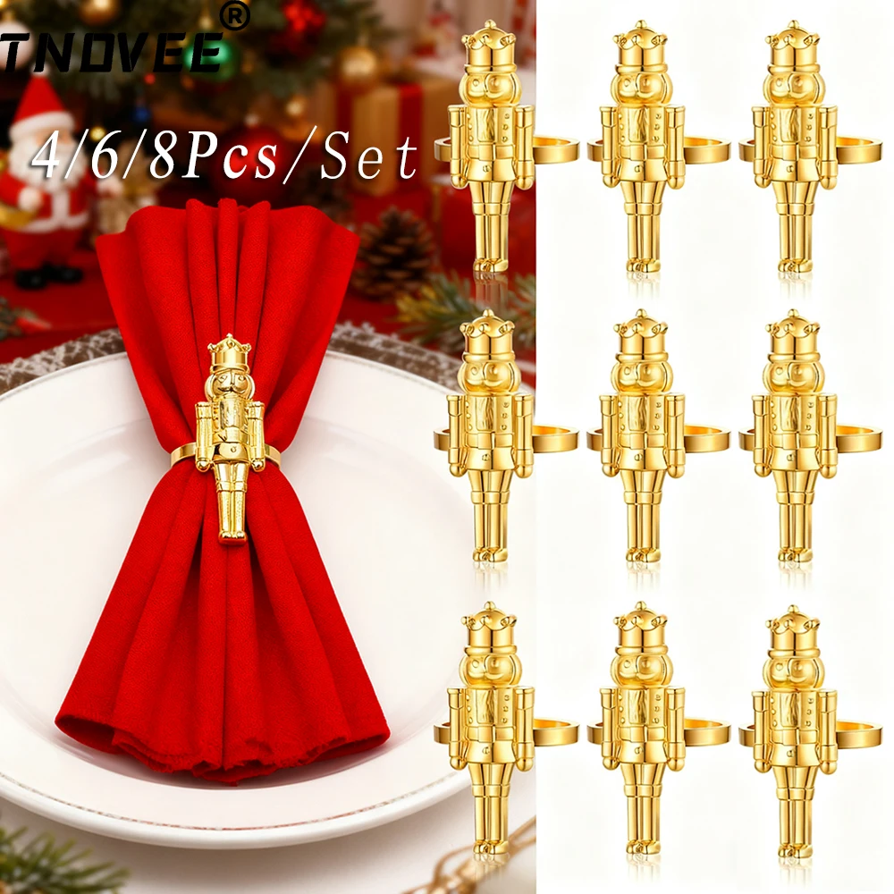 4/6/8Pcs Christmas Decorations Nutcrackers Napkin Rings Metal Napkin Holdesr for Holiday New Year Wedding Party Table Decor