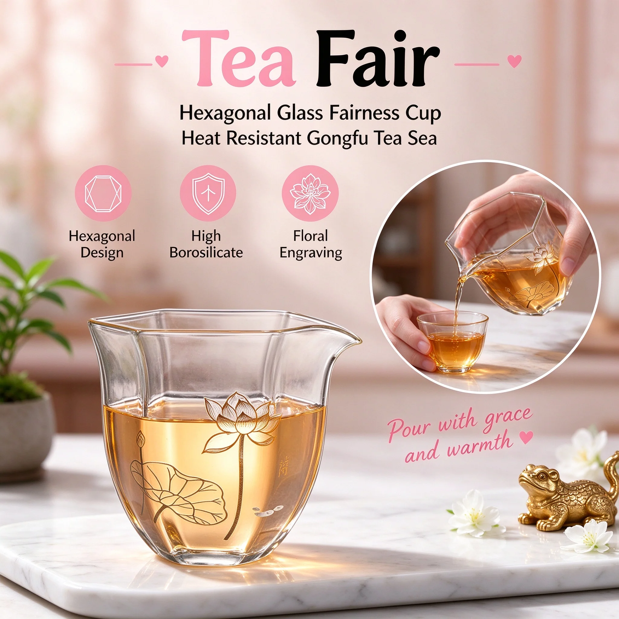 Tasse de service hexagonale en verre borosilicaté transparent résistant à la chaleur, carafe à thé Gongfu japonaise, tasse de service pour thé, cadeau pour la maison et le bureau