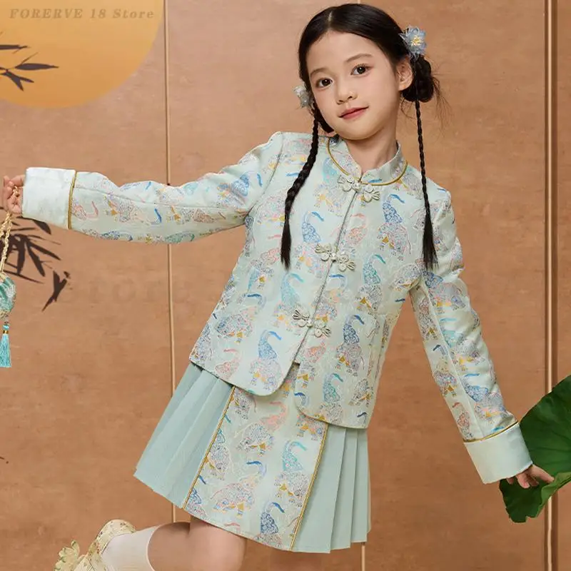 

Kids Girls New Chinese Style Traditional Clothing Children's Hanfu Vintage Tang Costume Oriental Printing Coat Pleated Skirt