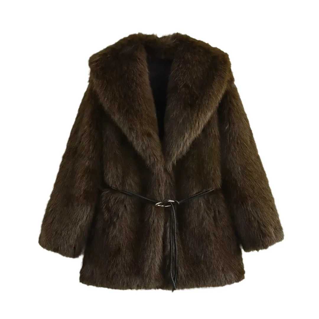 Nieuwe mode warme dikke nepbontjas Vintage luxe revers lange mouwen verborgen zakken effen overjas herfst winter nieuwe jas