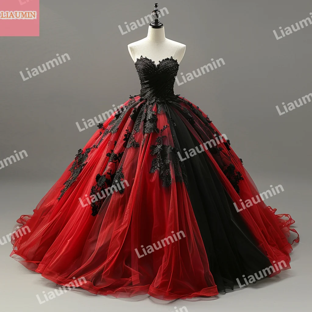 Custom Red And Black Lace Applique Ball Gown Strapless Quinceanera Prom Dress Floor Length Evening Formal Clothing New W15-51.6