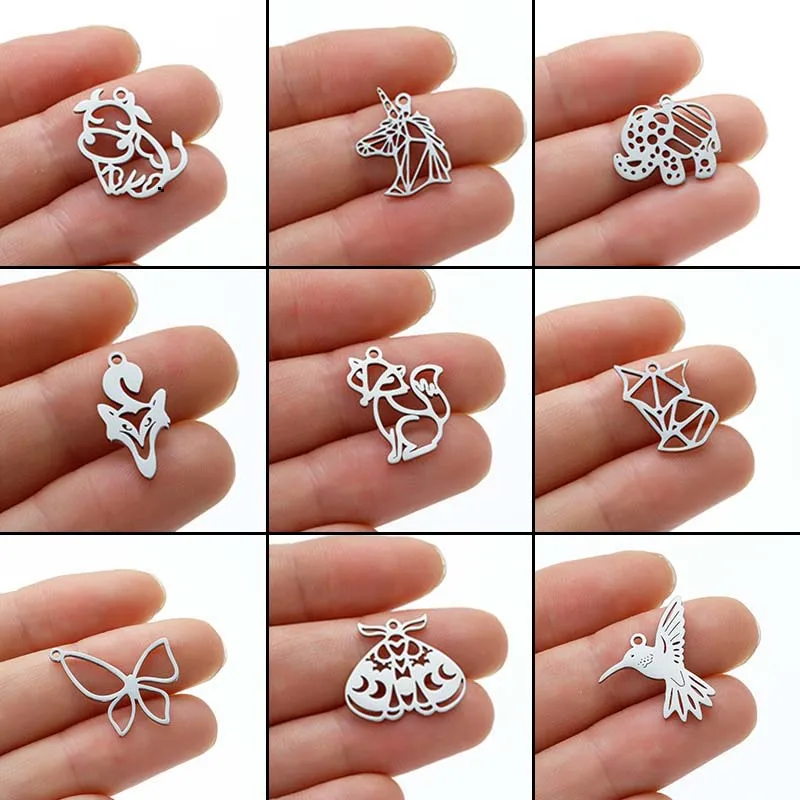 5pc Cartoon Stainless Steel Cow Hummingbird Pendant Multiple Animal DIY Jewelry Making Fox Unicorn Charm Necklace Bracelet Craft