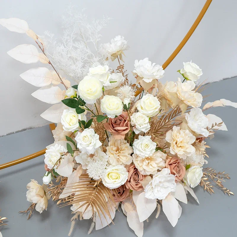 Champagne White Artificial Flower Row Wedding Backdrop Arch Decor Gold Leaves Hang Flower Row Road Lead Flower Ball Party Props