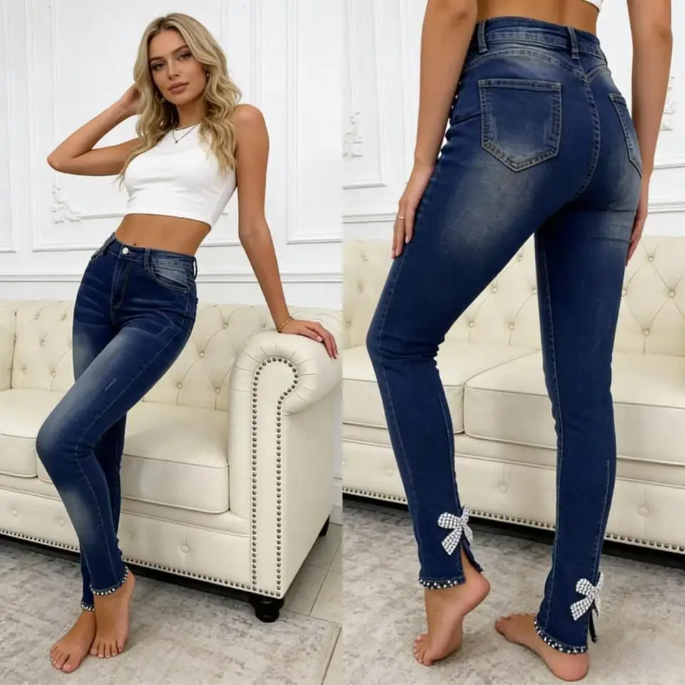 Skinny Pencil Pants Women jeans Vintage Washed Jeans Sheath Denim Ankle Length Jean Pearls Solid Pockets Casual High Waist 2025
