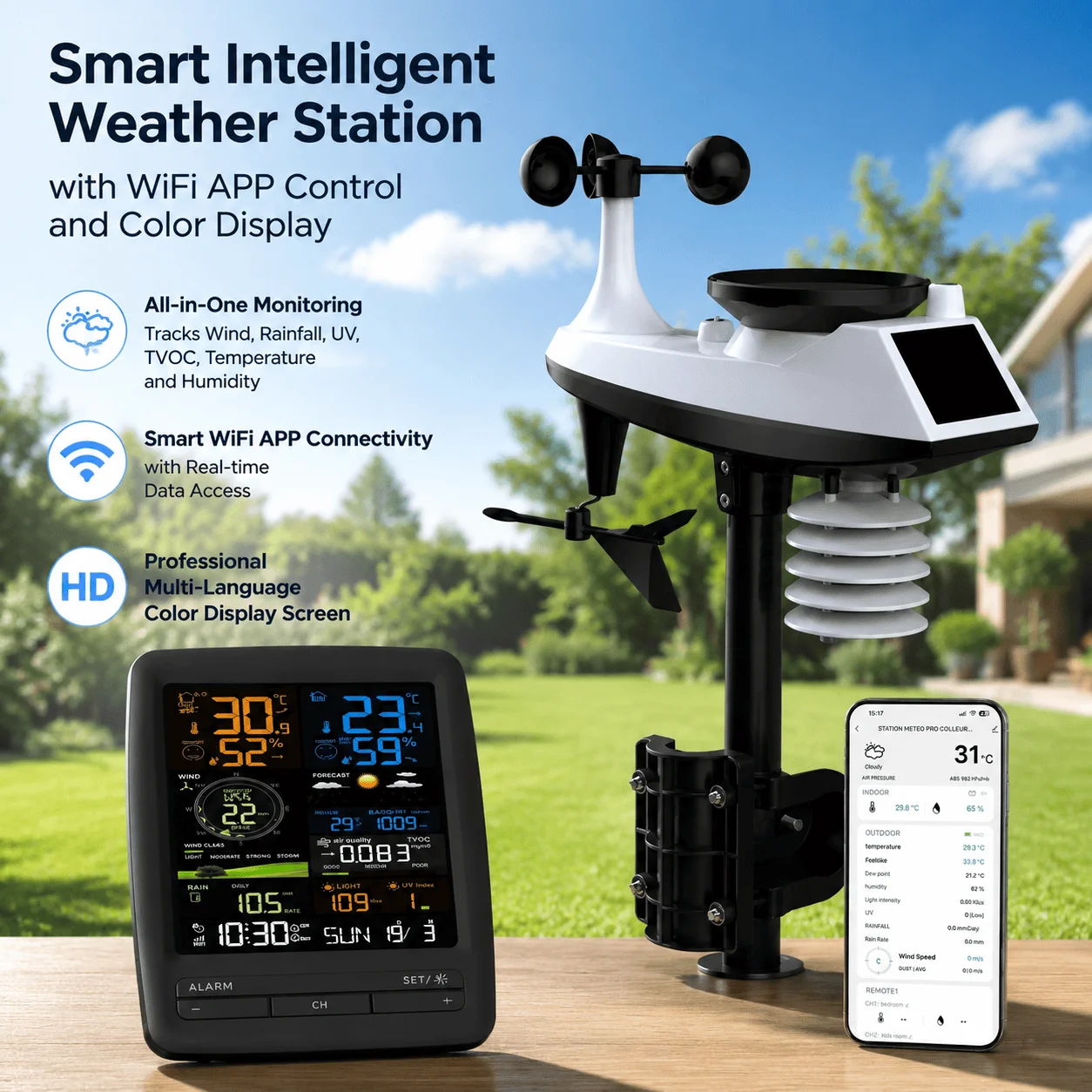 Smart Garden Outdoor Clocks - WiFi Weather Station Wind Speed Sensor