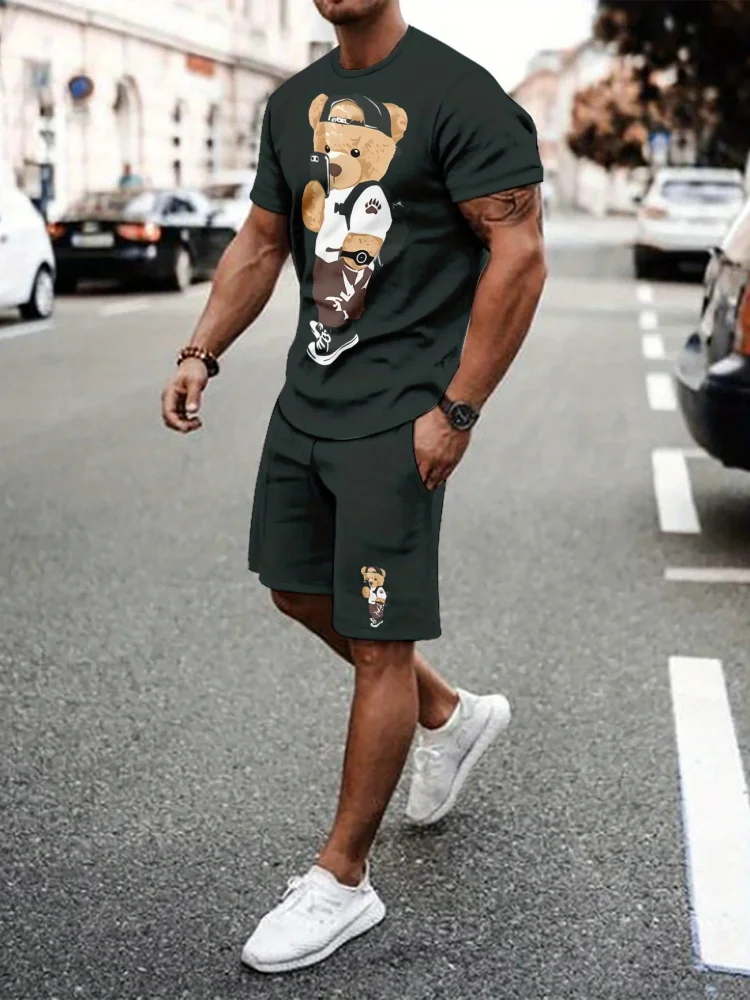 Men's Summer Short Sleeve Set Hip Hop Cartoon Bear Print Short Sleeve Top Shorts Casual Two-piece Outdoor Urban Street Fashion