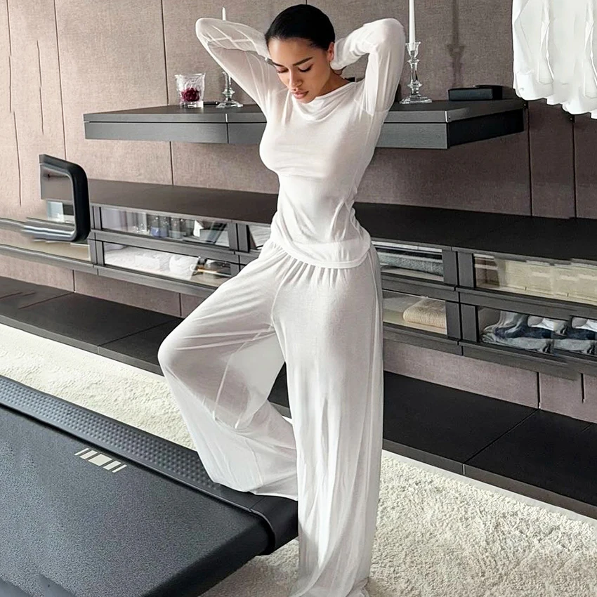 

HiLoc Casual Sheer Knit Sleepwear Suits Home O Neck Long Sleeve Tee With Elastic Waist Pants 2 Piece 2025 Minimalism Sets Women