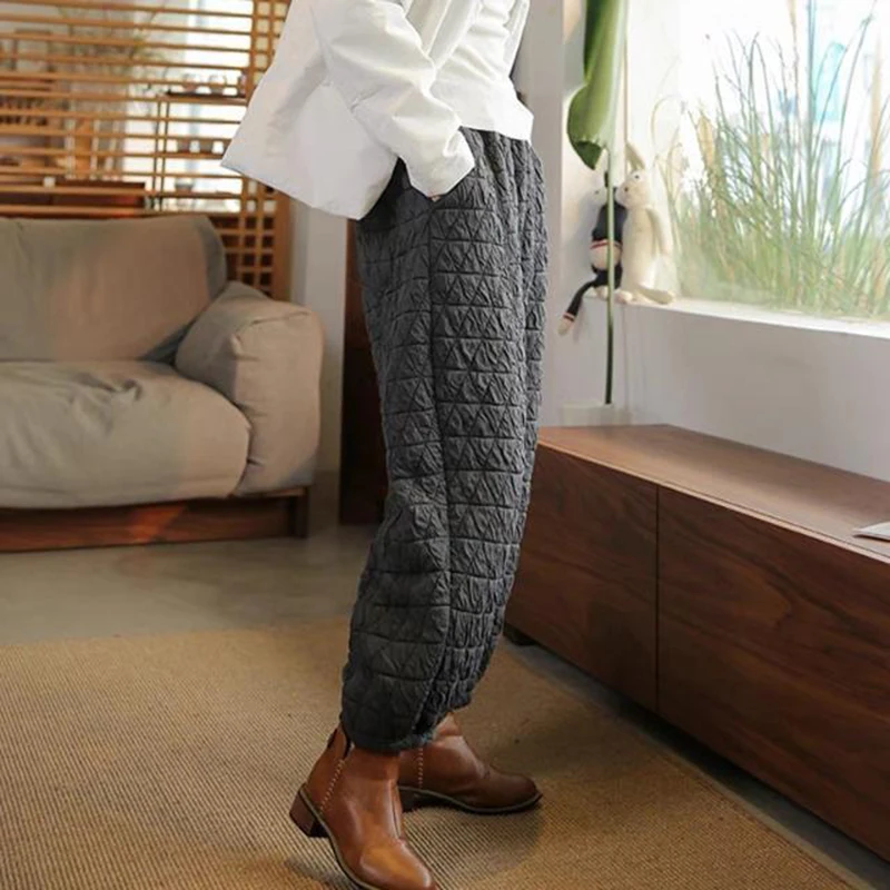 Winter New Thicken Warm Quilted Cotton Bloomers Pants Womens Casual Loose Solid High Waist Versatile Harem Pantalones