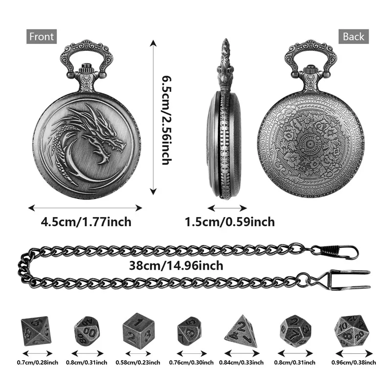 محفورة التنين الطوطم نمط ساعة الجيب سلسلة بدلاية 7 قطعة مجموعة نرد معدنية صغيرة متعددة السطوح ملحقات الألعاب الترفيهية