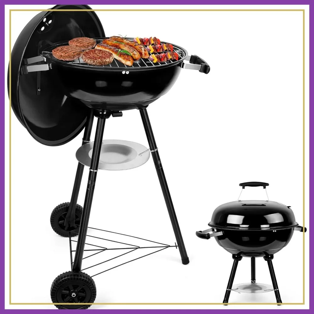 

18 Inch Charcoal Grill, Portable BBQ for Camping/Backyard, Round Smoker with Wheels, Dual Venting System, Black