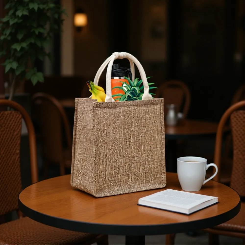 

New Linen Tote Bag Large Capacity Jute Handbag Women Reusable Shopping Bag Bento Bag Travel Organizer Pouch Top-handle Handbag