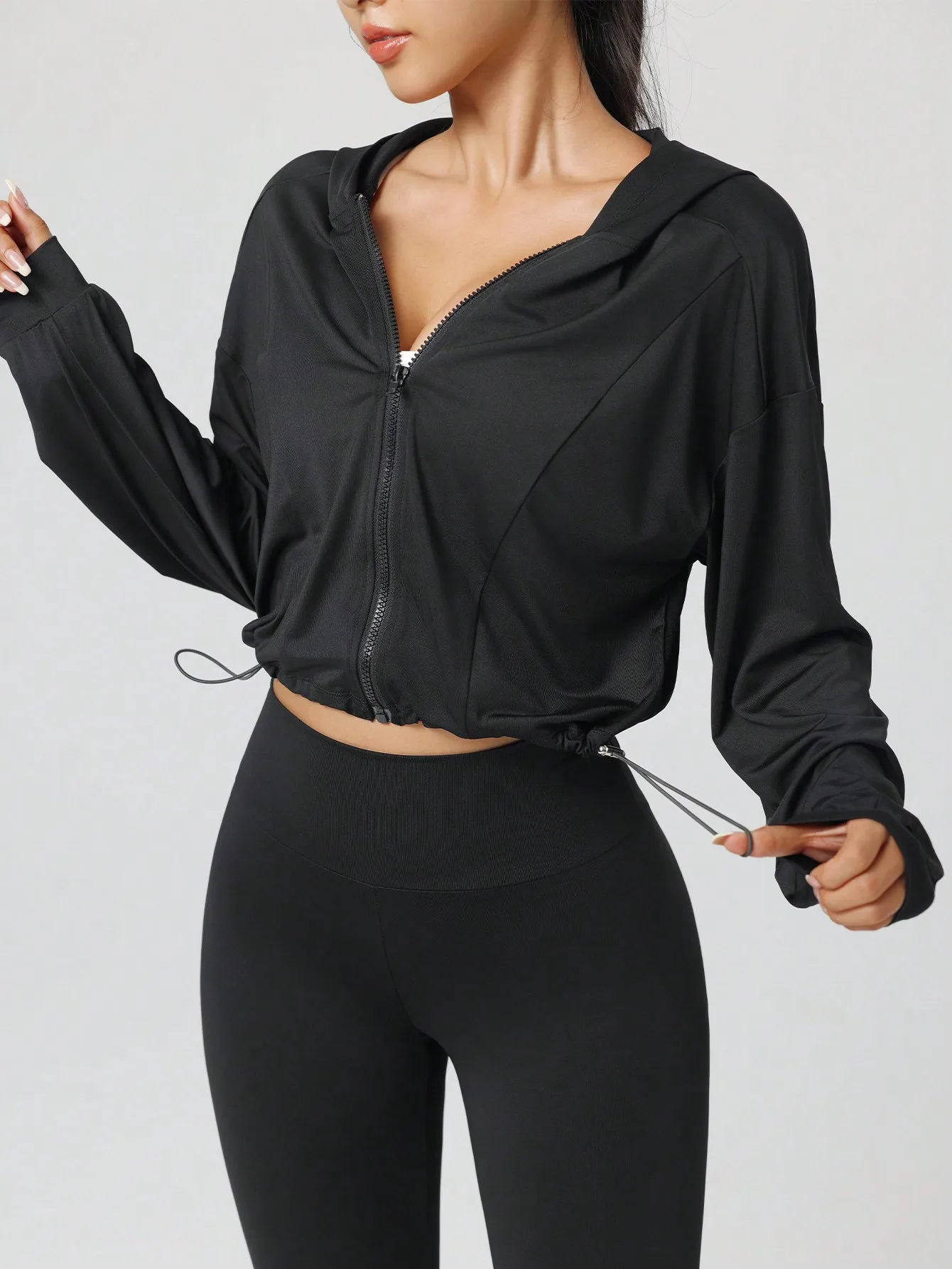 

Women's Hooded Zip-Up Crop Jacket with Drawstring Hem for Yoga, Gym & Casual Wear
