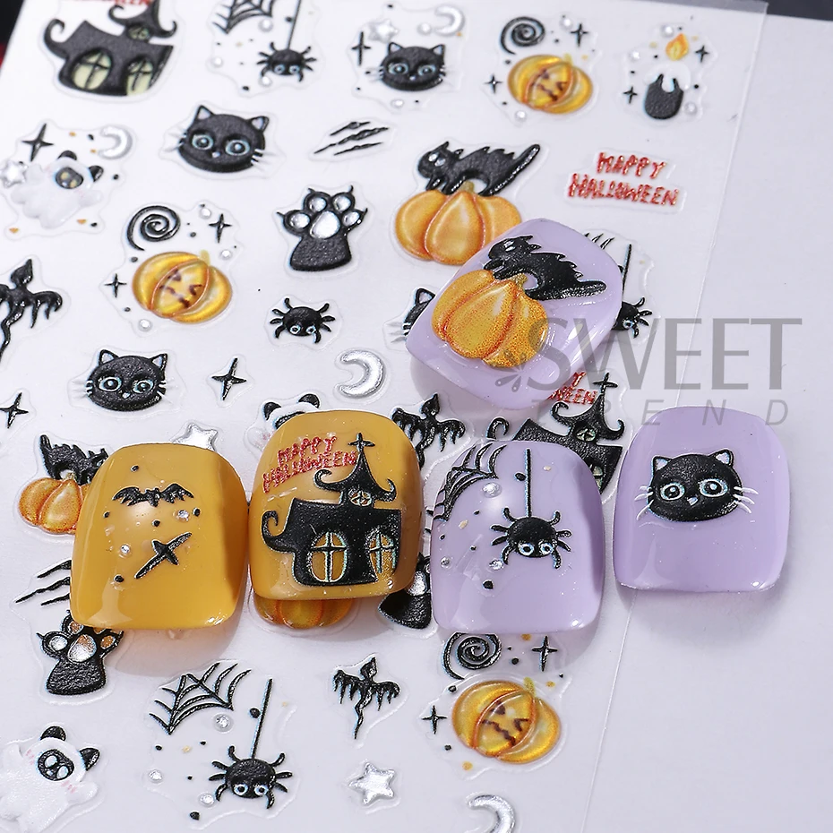 2pcs 5D Embossed Nail Stickers Cute Cat Pumpkin Star Skull Ghost Spider Web Adhesive Nail Decals Halloween Manicure Decoration