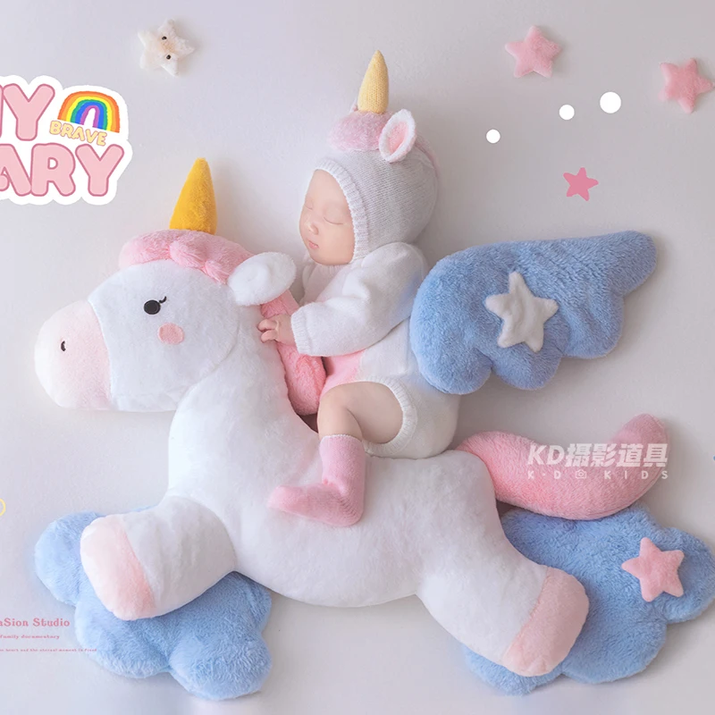 Dreamy Unicorn Theme Newborn Photography Props Soft Knit Romper Unicorn Doll for Baby Girl Photo Shoots with Cloud & Star Props