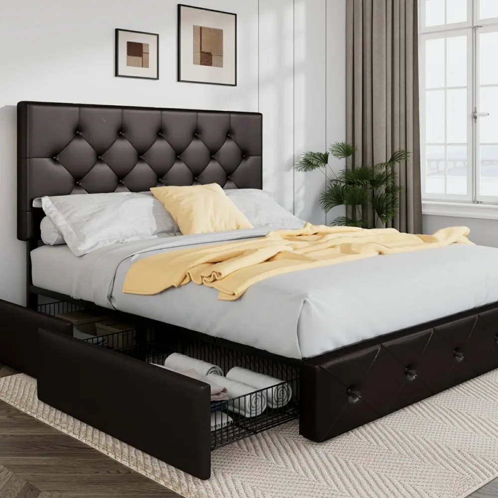 

Upholstered Queen Size Platform Bed Frame with 4 Storage Drawers and Headboard, Diamond Stitched Button Tufted, Mattress Founda