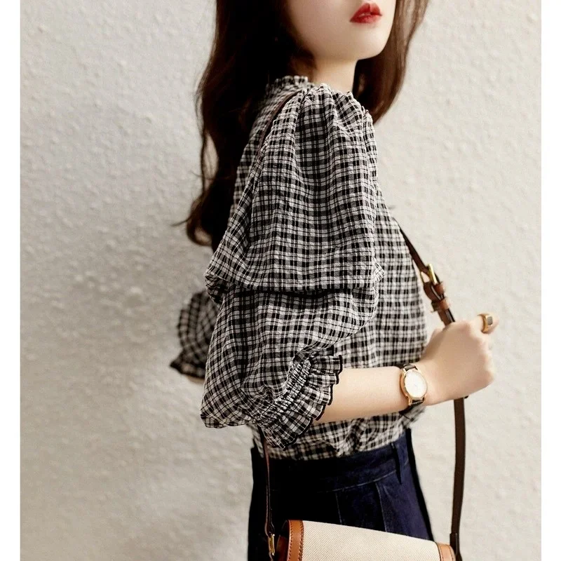 Black Clothes Plaid Womens Shirt & Blouse Tops For Women Pattern Korean Style Offer Comfortable Summer 2024 Novelties M S Tall